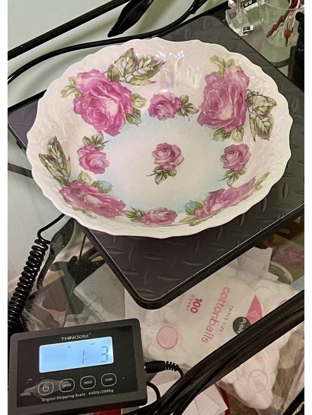 Antique 1910s Serving Bowl Iridescent Lusterware Pink Roses, 10.5x2.5” DAMAGED